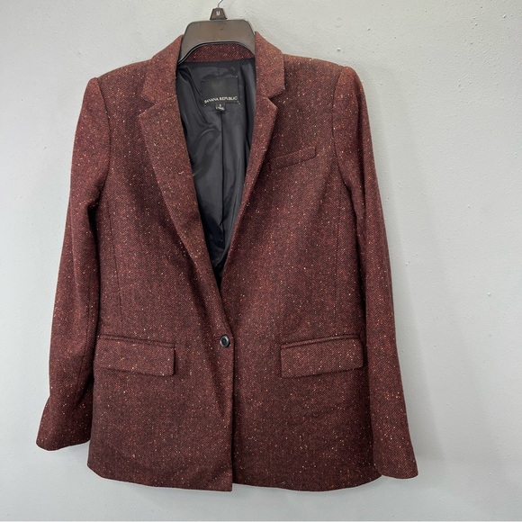 Banana Republic Blazer Jacket 2 Women Tweed Wool Blend Burgundy Lined 2015 - Picture 1 of 6